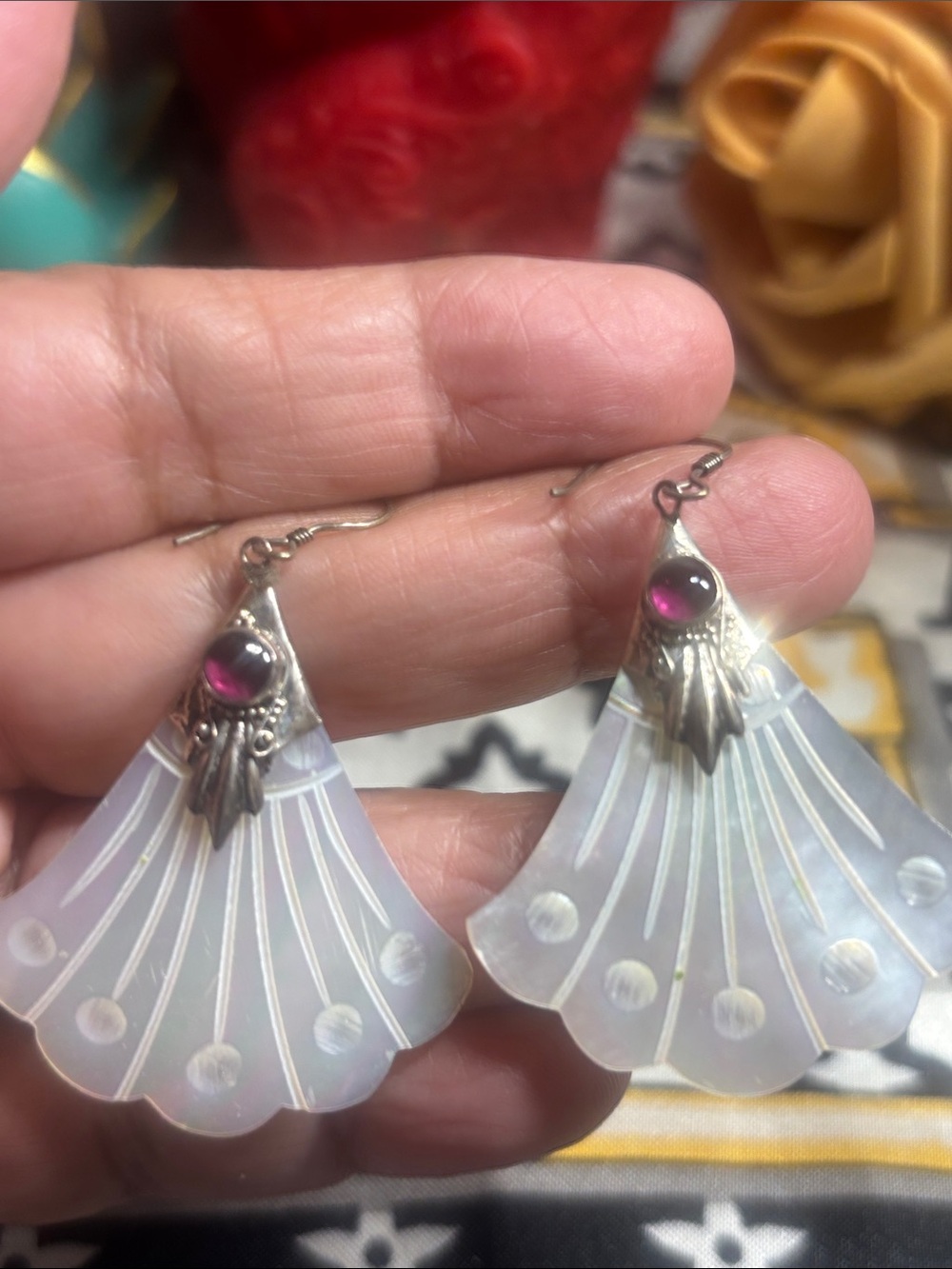 925 Iridescent Mother of Pearl Fan Drop Earrings with Red Cabochon
